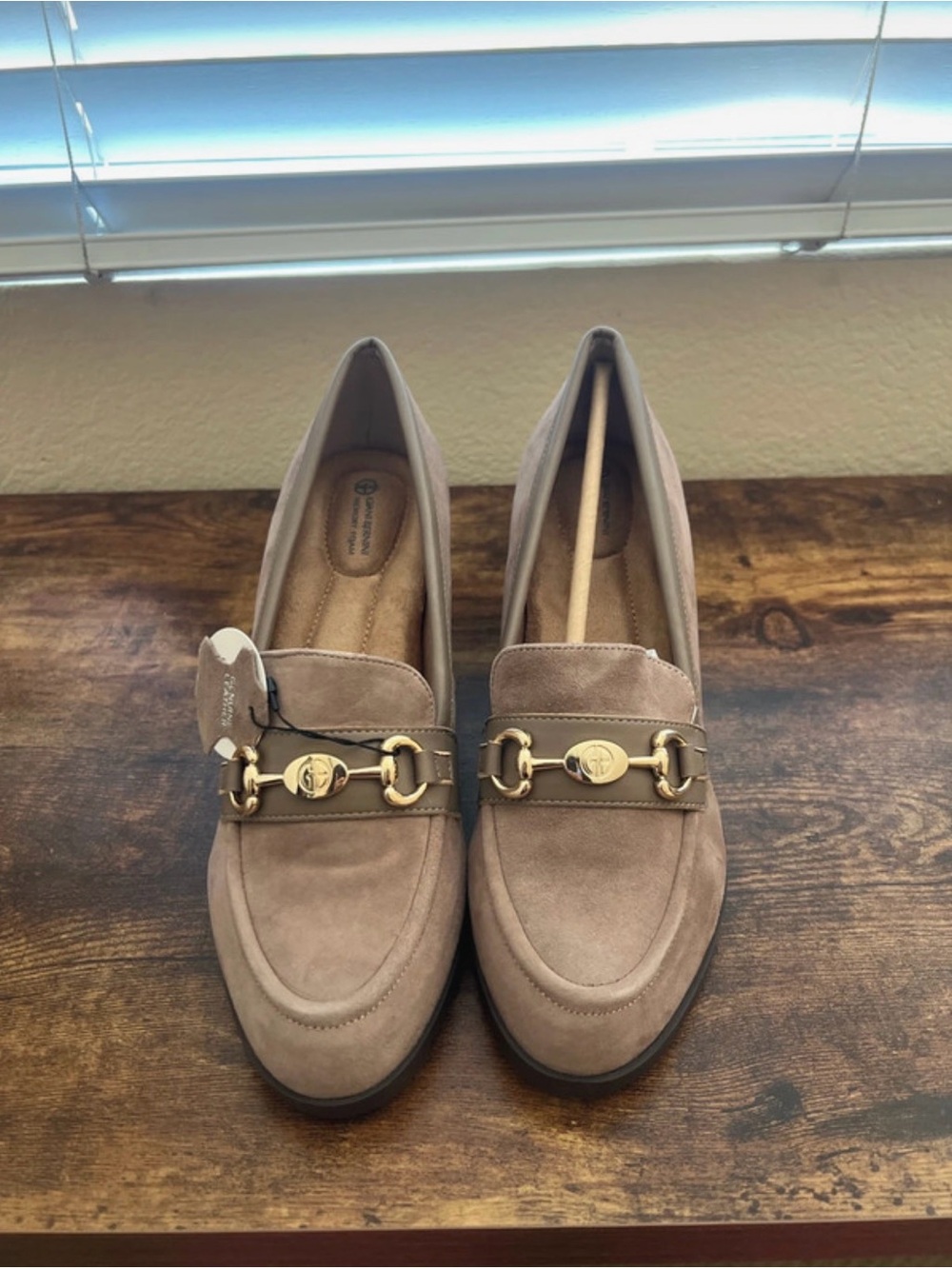 Giani Bernini Taupe Suede Loafers with Gold Horsebit